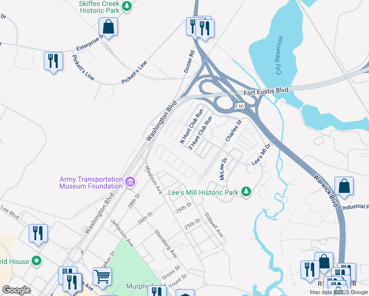 map of restaurants, bars, coffee shops, grocery stores, and more near 156 South Hunt Club Run in Newport News