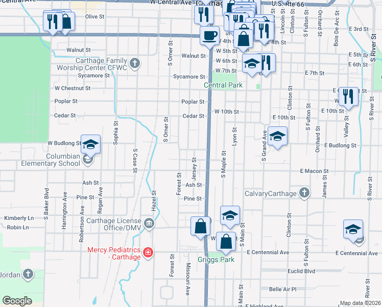 map of restaurants, bars, coffee shops, grocery stores, and more near 1105 Jersey Street in Carthage