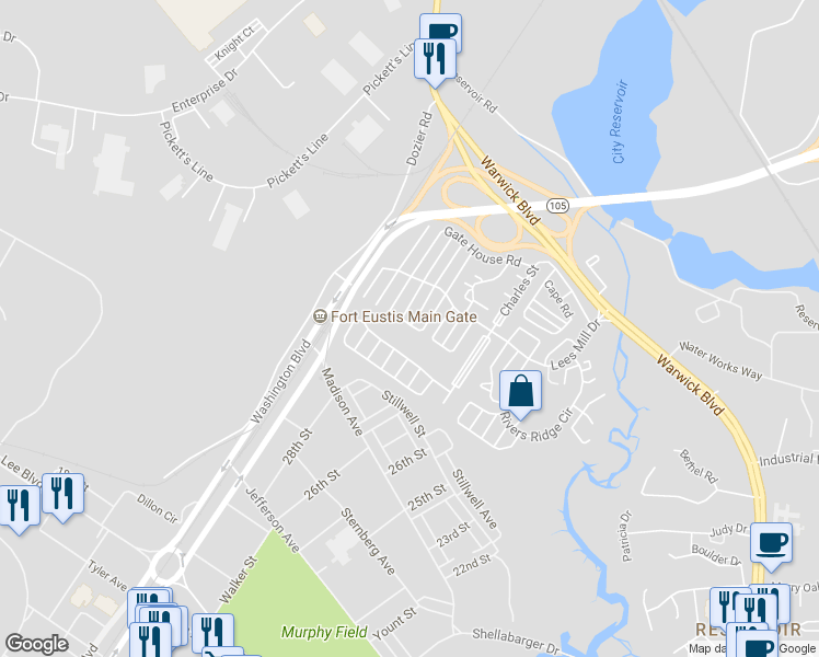 map of restaurants, bars, coffee shops, grocery stores, and more near 156 South Hunt Club Run in Newport News