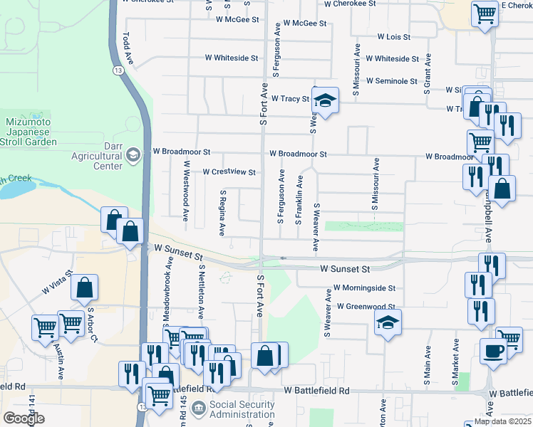 map of restaurants, bars, coffee shops, grocery stores, and more near 2540 South Fort Avenue in Springfield