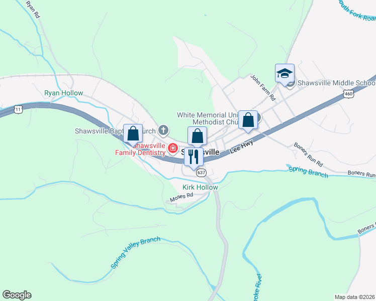 map of restaurants, bars, coffee shops, grocery stores, and more near in Shawsville