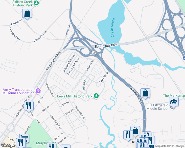 map of restaurants, bars, coffee shops, grocery stores, and more near 347 Lees Mill Drive in Newport News