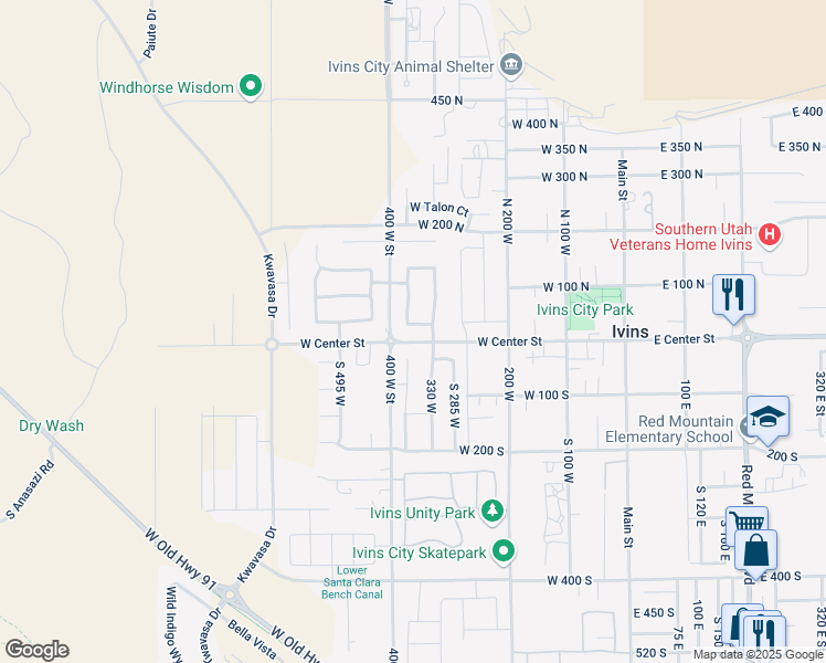 map of restaurants, bars, coffee shops, grocery stores, and more near 373 W Meridian Dr in Ivins