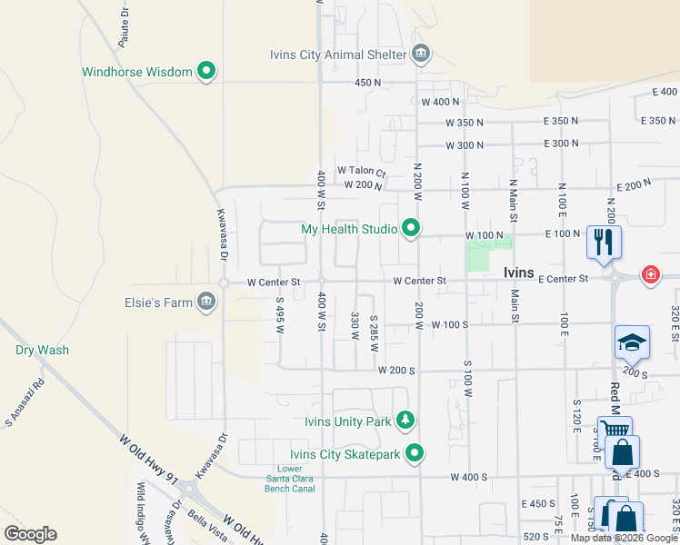 map of restaurants, bars, coffee shops, grocery stores, and more near 373 W Meridian Dr in Ivins
