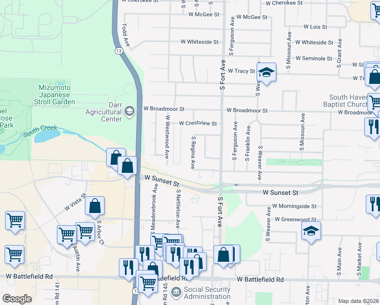 map of restaurants, bars, coffee shops, grocery stores, and more near 2541 South Regina Avenue in Springfield
