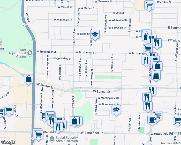 map of restaurants, bars, coffee shops, grocery stores, and more near 2539 South Weaver Avenue in Springfield