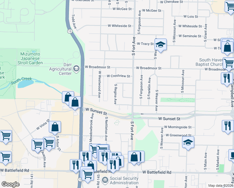 map of restaurants, bars, coffee shops, grocery stores, and more near 2541 South Regina Avenue in Springfield