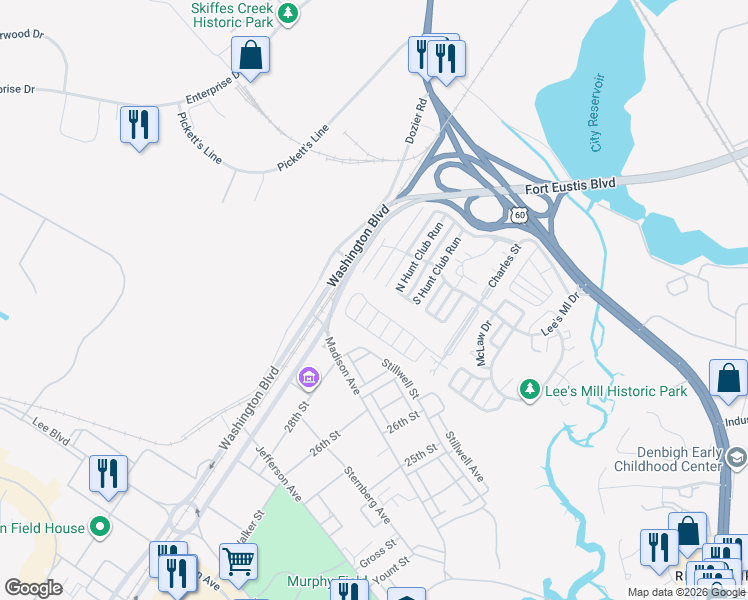 map of restaurants, bars, coffee shops, grocery stores, and more near 238 Bradmere Loop in Newport News