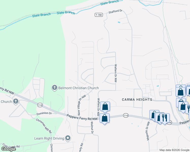 map of restaurants, bars, coffee shops, grocery stores, and more near 195 Belmont Drive Northwest in Christiansburg