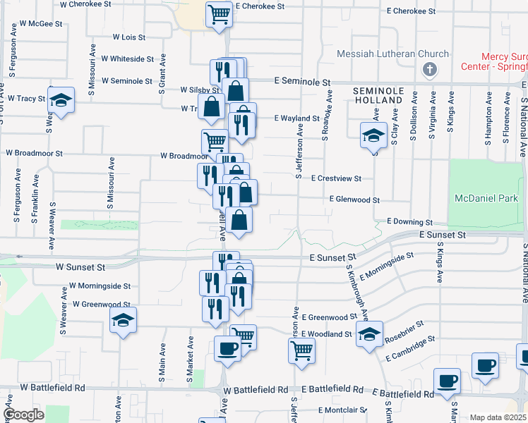 map of restaurants, bars, coffee shops, grocery stores, and more near 2539b South Place in Springfield