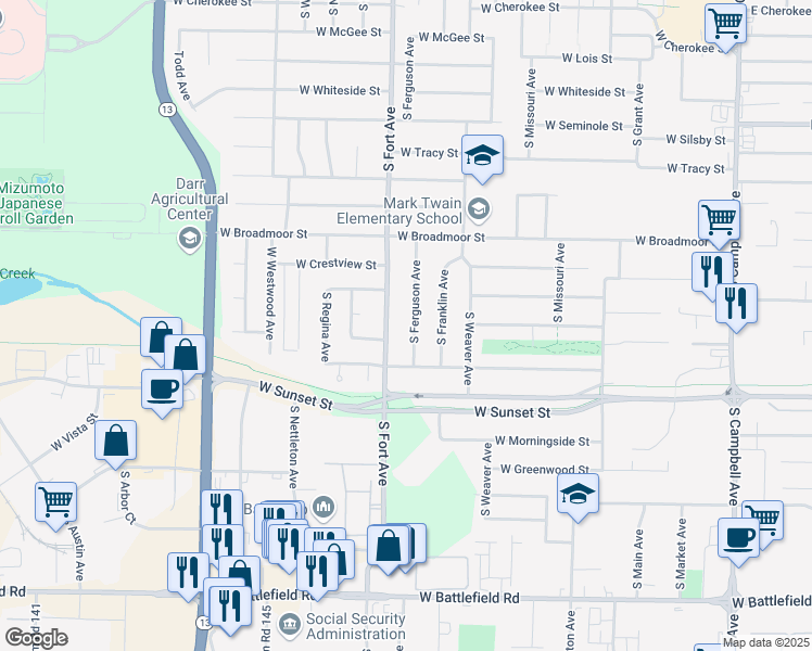 map of restaurants, bars, coffee shops, grocery stores, and more near 2535 South Ferguson Avenue in Springfield
