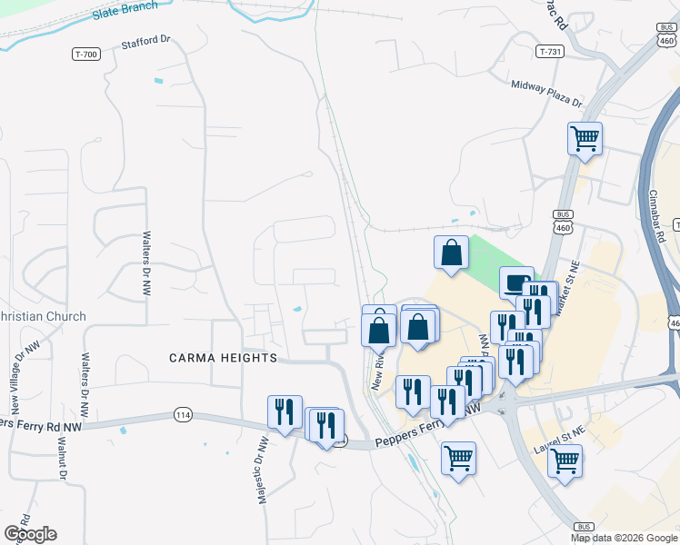 map of restaurants, bars, coffee shops, grocery stores, and more near 190 Revolution Circle in Christiansburg