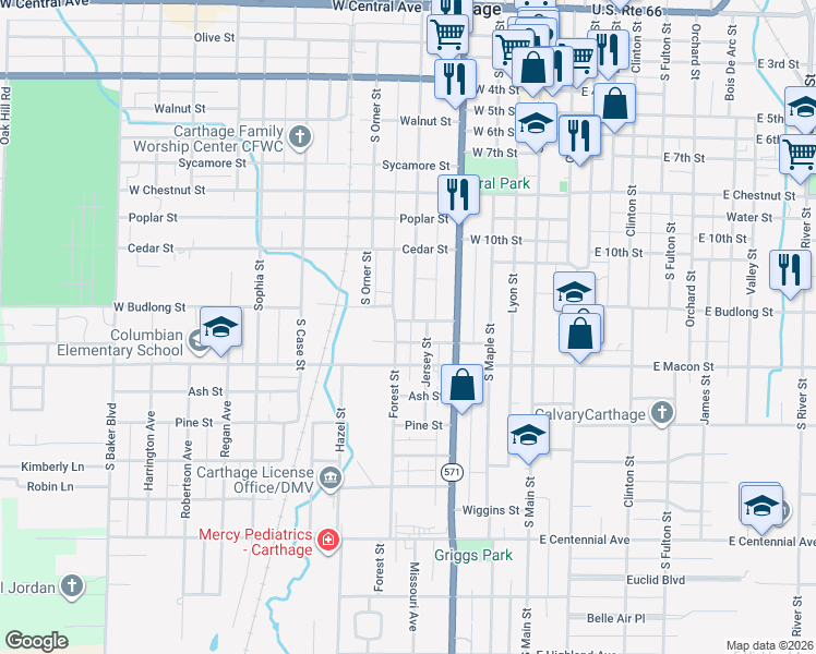 map of restaurants, bars, coffee shops, grocery stores, and more near 1105 Jersey Street in Carthage