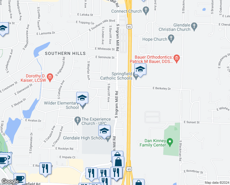 map of restaurants, bars, coffee shops, grocery stores, and more near 2423 South Ingram Mill Road in Springfield