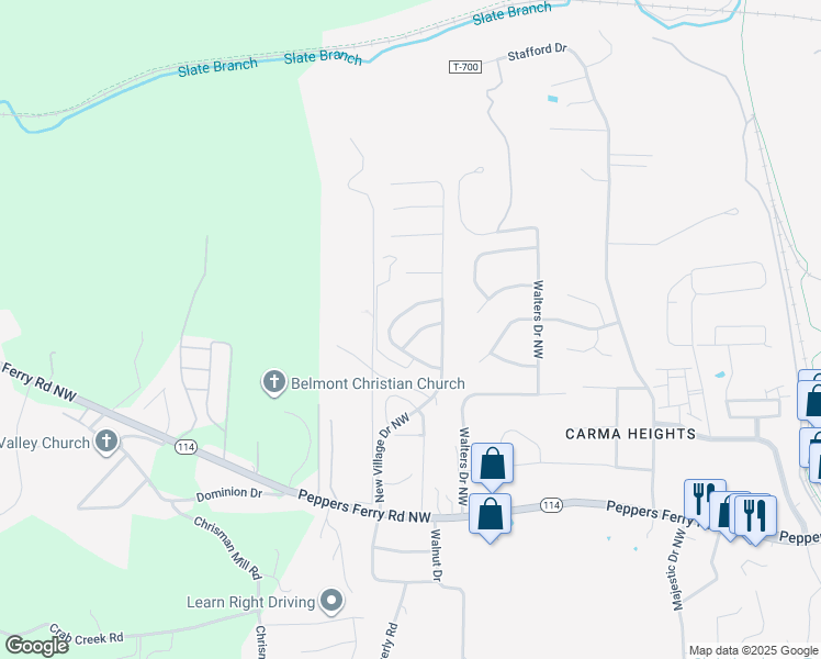 map of restaurants, bars, coffee shops, grocery stores, and more near 50 Camellia Lane Northwest in Christiansburg