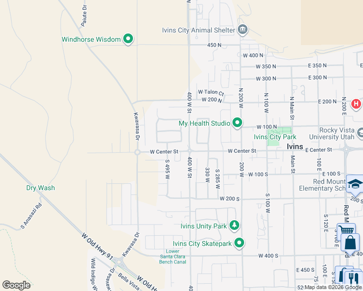 map of restaurants, bars, coffee shops, grocery stores, and more near 446 West Ithica Drive in Ivins