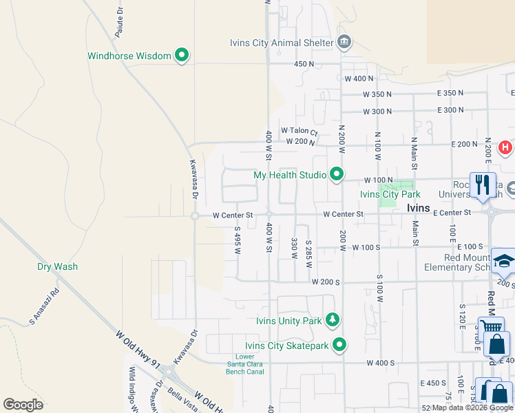 map of restaurants, bars, coffee shops, grocery stores, and more near 446 West Ithica Drive in Ivins