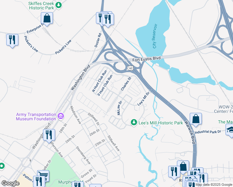 map of restaurants, bars, coffee shops, grocery stores, and more near 501 Lees Mill Drive in Newport News
