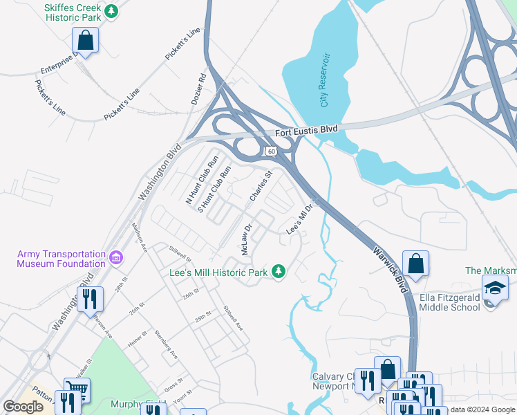 map of restaurants, bars, coffee shops, grocery stores, and more near 311 Lees Mill Drive in Newport News