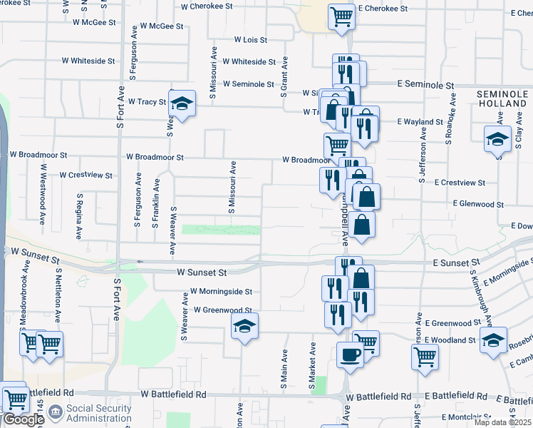 map of restaurants, bars, coffee shops, grocery stores, and more near 2530 South Grant Avenue in Springfield