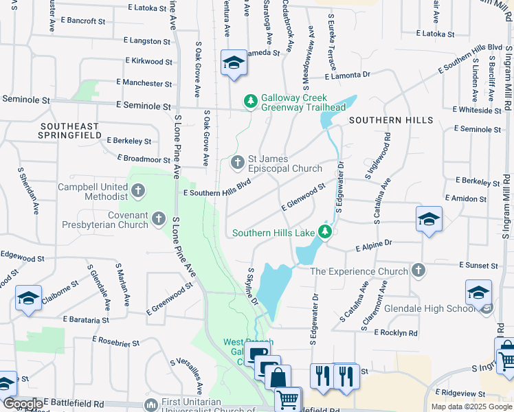 map of restaurants, bars, coffee shops, grocery stores, and more near 2712 E Crestview St in Springfield
