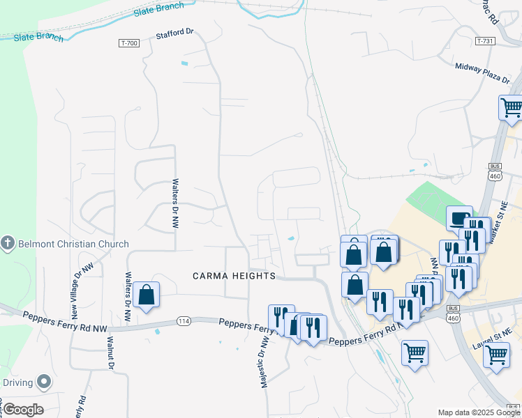 map of restaurants, bars, coffee shops, grocery stores, and more near 210 Hamilton Avenue Northwest in Christiansburg