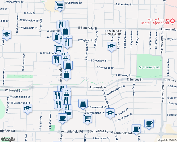 map of restaurants, bars, coffee shops, grocery stores, and more near 2525 South Jefferson Avenue in Springfield