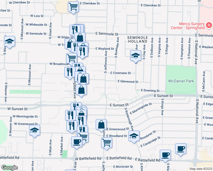 map of restaurants, bars, coffee shops, grocery stores, and more near 2525 South Jefferson Avenue in Springfield