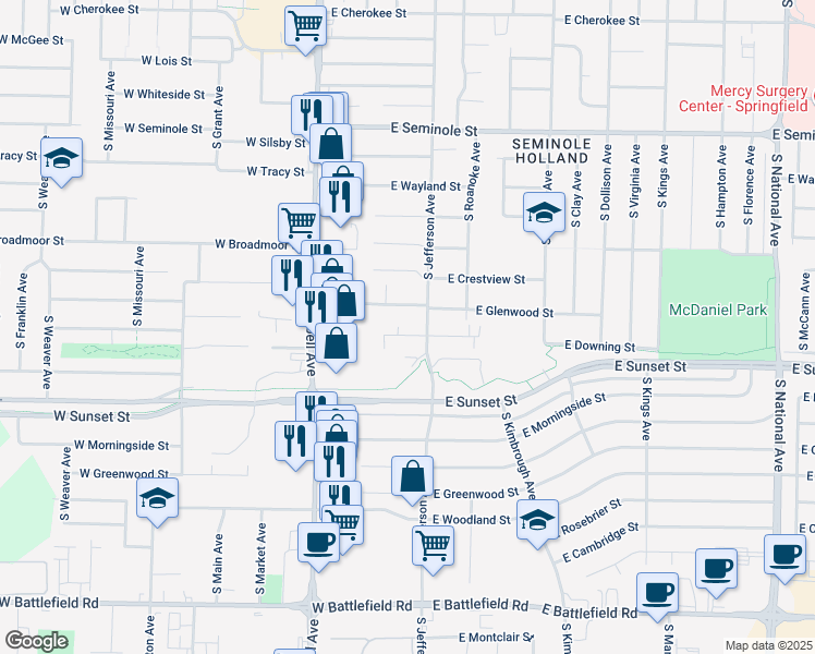 map of restaurants, bars, coffee shops, grocery stores, and more near 2525 South Jefferson Avenue in Springfield