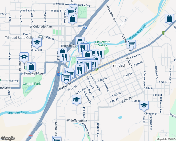 map of restaurants, bars, coffee shops, grocery stores, and more near 131 West Main Street in Trinidad