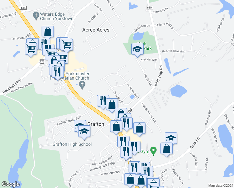 map of restaurants, bars, coffee shops, grocery stores, and more near 101 Alice Court in Yorktown