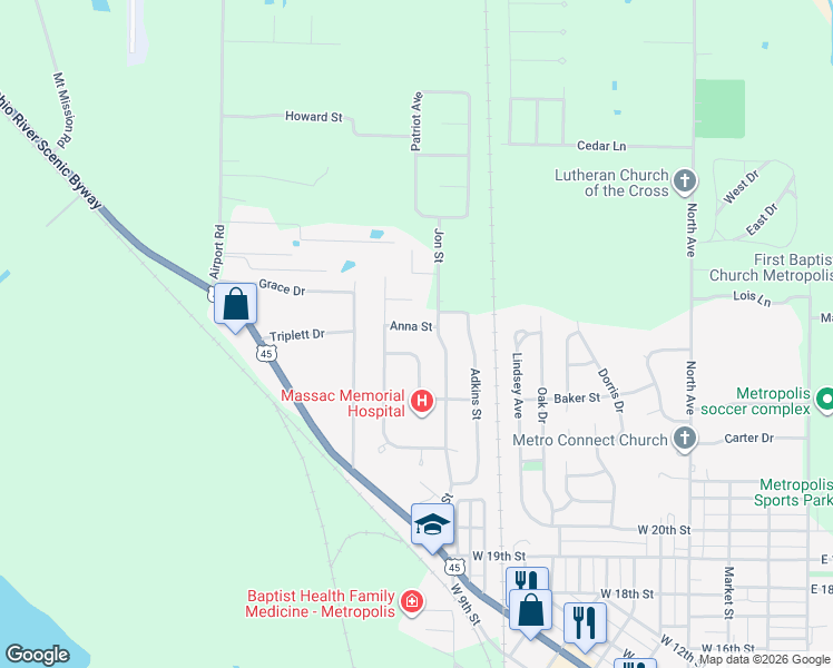 map of restaurants, bars, coffee shops, grocery stores, and more near 1-99 Chick St in Metropolis