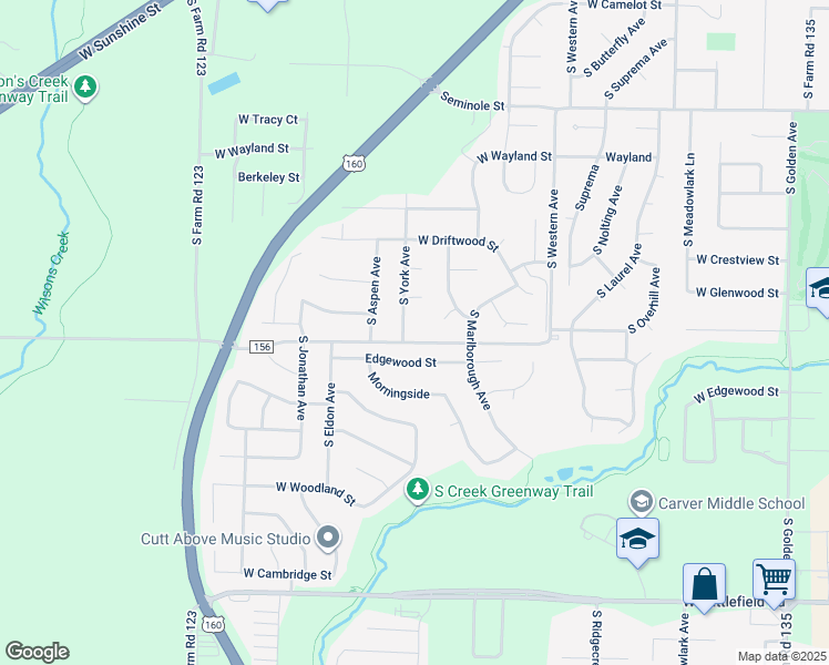 map of restaurants, bars, coffee shops, grocery stores, and more near 3745 West Farm Road 156 in Springfield