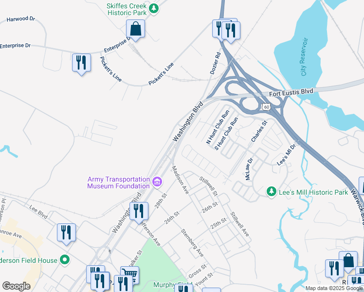 map of restaurants, bars, coffee shops, grocery stores, and more near 258 Bradmere Loop in Newport News