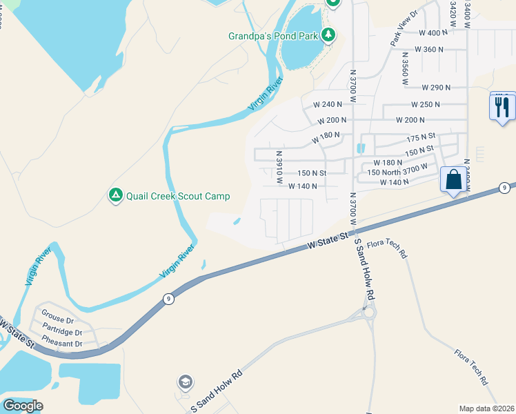 map of restaurants, bars, coffee shops, grocery stores, and more near 99 North 3950 West in Hurricane