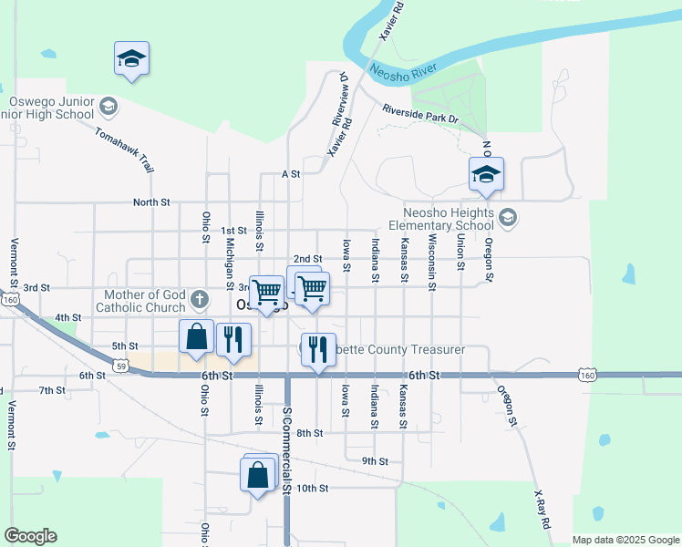map of restaurants, bars, coffee shops, grocery stores, and more near 217 Iowa Street in Oswego