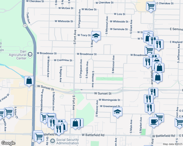 map of restaurants, bars, coffee shops, grocery stores, and more near 2539 South Weaver Avenue in Springfield