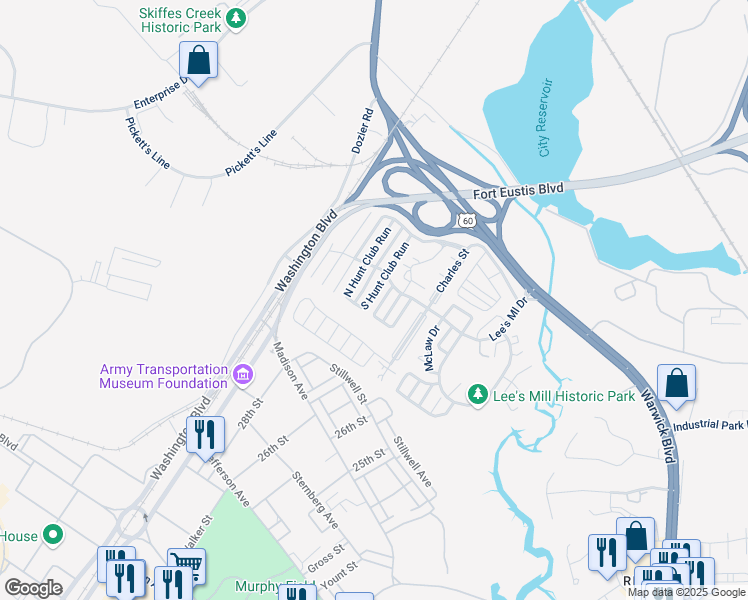 map of restaurants, bars, coffee shops, grocery stores, and more near 180 South Hunt Club Run in Newport News