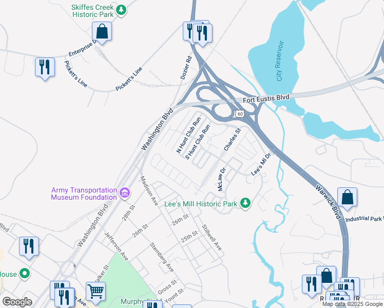 map of restaurants, bars, coffee shops, grocery stores, and more near 180 South Hunt Club Run in Newport News