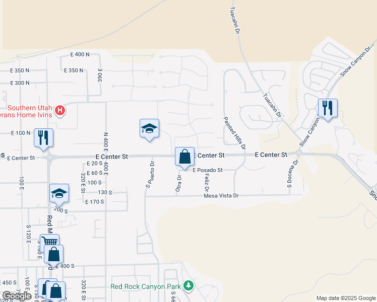 map of restaurants, bars, coffee shops, grocery stores, and more near 704 Crimson Flare Lane in Ivins