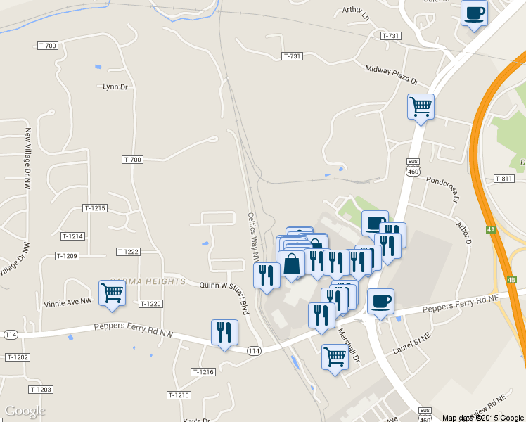 map of restaurants, bars, coffee shops, grocery stores, and more near Huckleberry Trail in Christiansburg