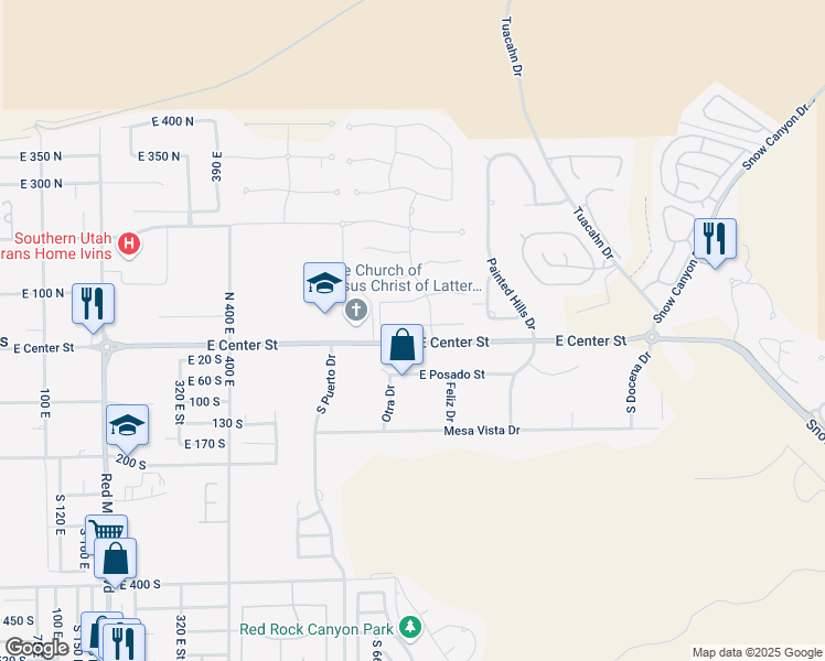 map of restaurants, bars, coffee shops, grocery stores, and more near 704 Crimson Flare Lane in Ivins