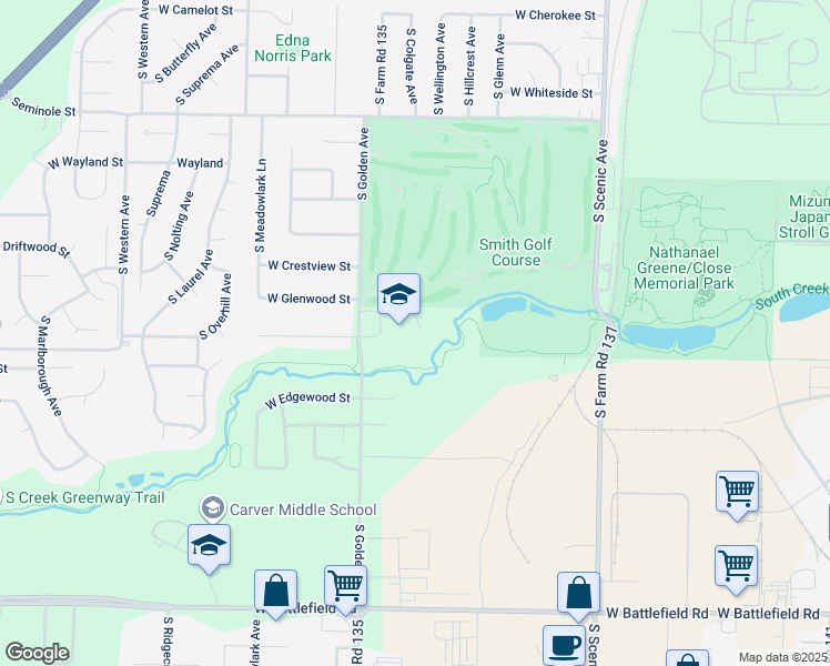 map of restaurants, bars, coffee shops, grocery stores, and more near 2524 South Golden Avenue in Springfield