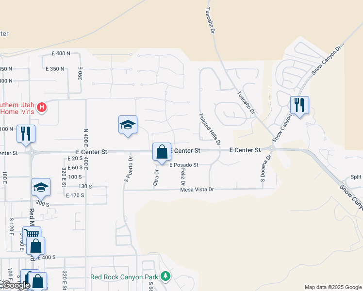 map of restaurants, bars, coffee shops, grocery stores, and more near 782 Crimson Flare Lane in Ivins