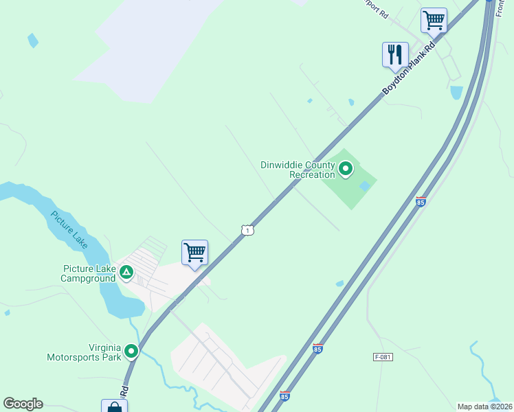 map of restaurants, bars, coffee shops, grocery stores, and more near 7512 Boydton Plank Road in Petersburg