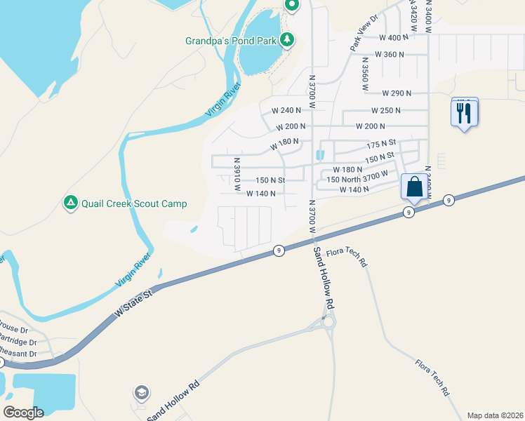map of restaurants, bars, coffee shops, grocery stores, and more near 3849 West 120 North in Hurricane