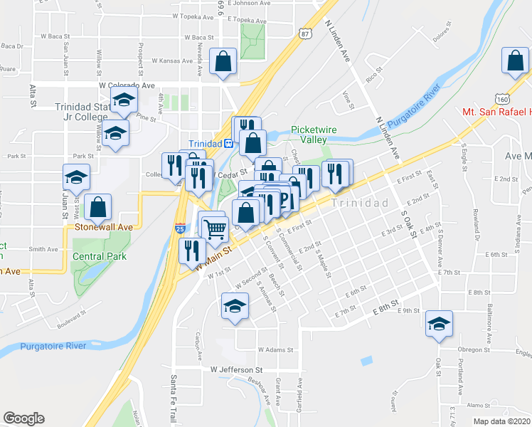 map of restaurants, bars, coffee shops, grocery stores, and more near 131 West Main Street in Trinidad