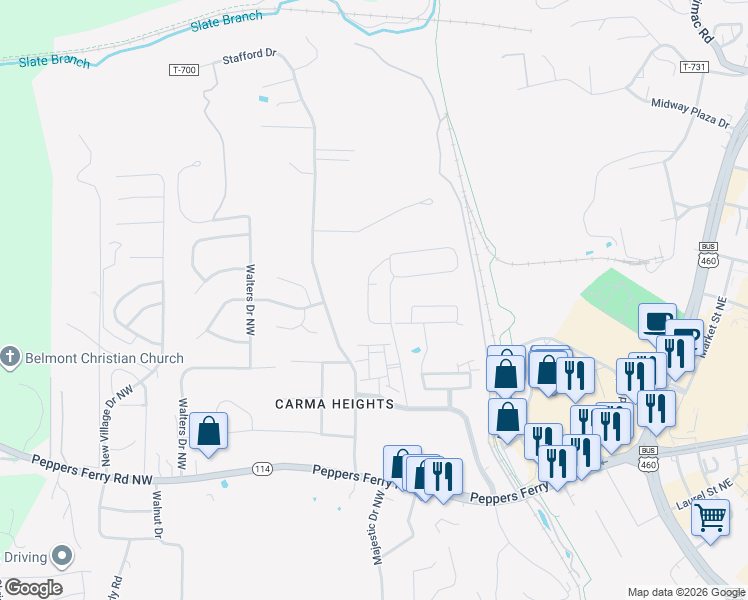 map of restaurants, bars, coffee shops, grocery stores, and more near 575 Stafford Drive in Christiansburg