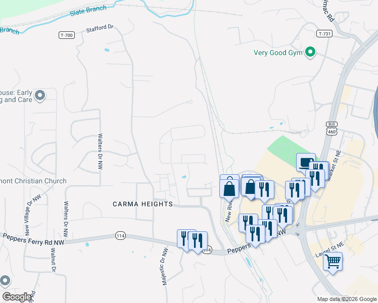 map of restaurants, bars, coffee shops, grocery stores, and more near 25 Revolution Circle in Christiansburg