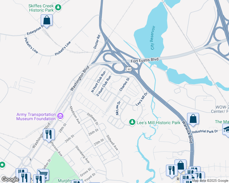 map of restaurants, bars, coffee shops, grocery stores, and more near 202 Quarter Trail in Newport News